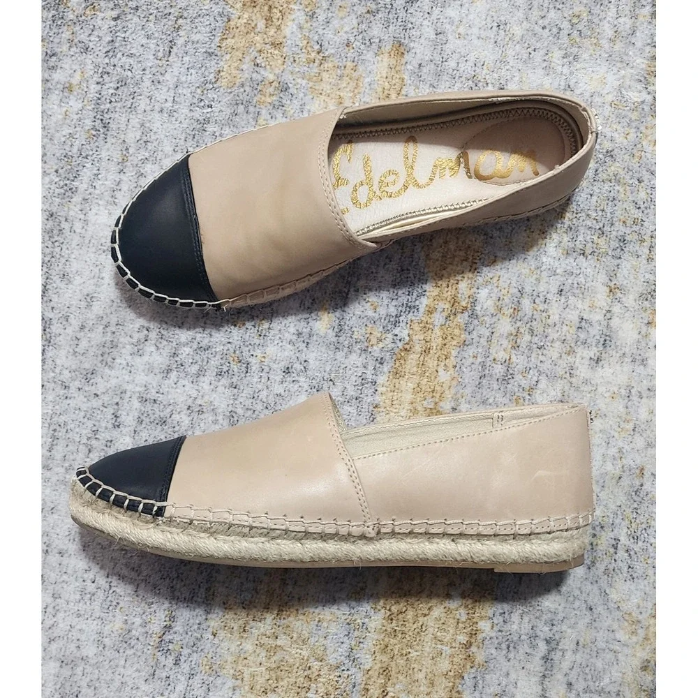 Sam Edelman Women's Krissy Espadrille Cap Toe Flats Tan Black Leather Size 7.5 M